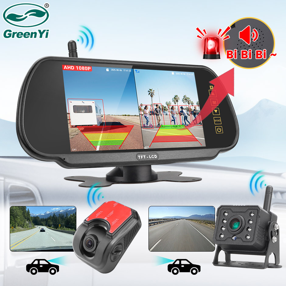 7 Inch Wireless AHD1080P BSD Mirror Car Monitor DVR Recorder With Reverse Backup Camera for Truck RV Trailer Camper Pickups