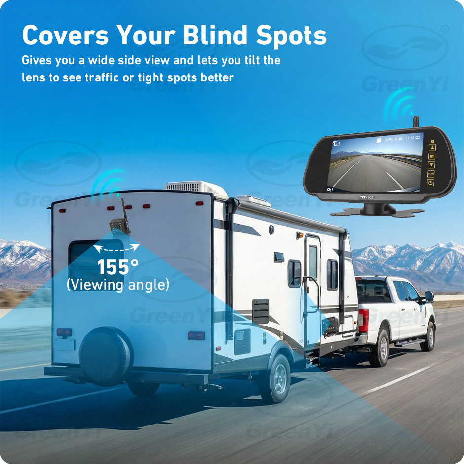 7 Inch Wireless AHD1080P BSD Mirror Car Monitor DVR Recorder With Reverse Backup Camera for Truck RV Trailer Camper Pickups