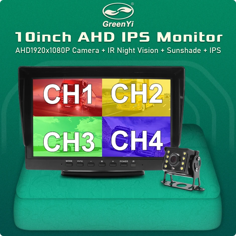 GreenYi 10 inch 4CH AHD Recorder DVR Car Monitor Vehicle Truck Night Vision Rear View Camera Support SD Card Recording