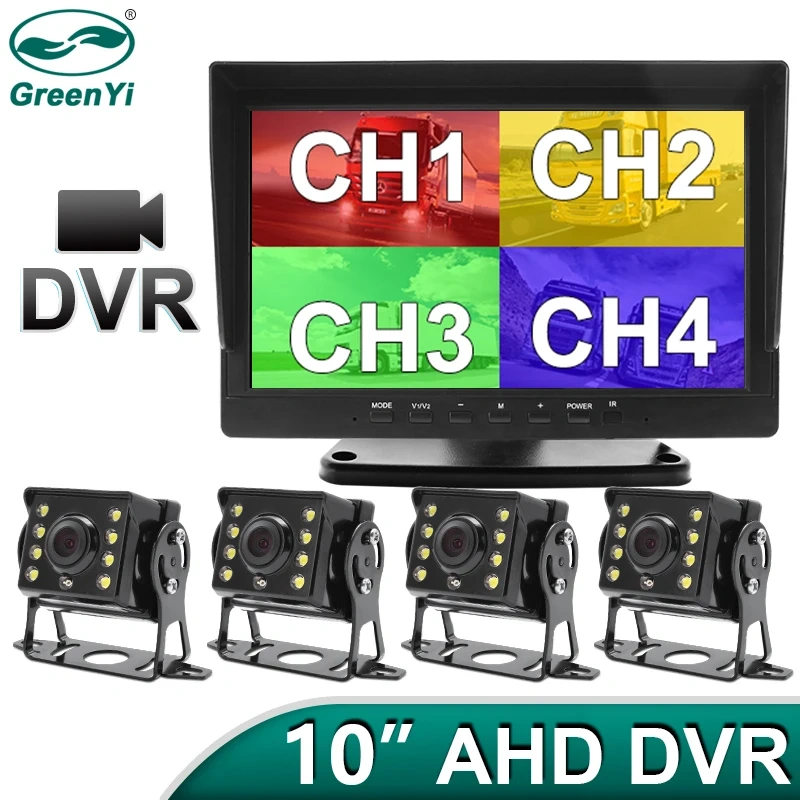 GreenYi 10 inch 4CH AHD Recorder DVR Car Monitor Vehicle Truck Night Vision Rear View Camera Support SD Card Recording