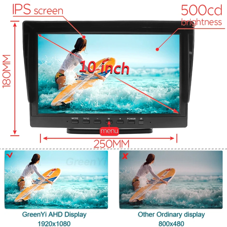 GreenYi 10 inch 4CH AHD Recorder DVR Car Monitor Vehicle Truck Night Vision Rear View Camera Support SD Card Recording