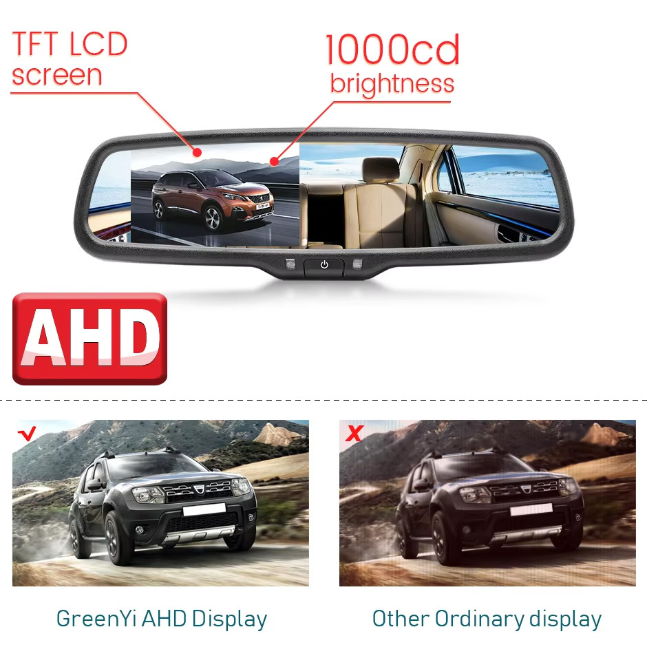 GreenYi AHD Car Rear View Mirror with Monitor 1000cd 4.3 inch Special Original Bracket Support 2 1080P Camera