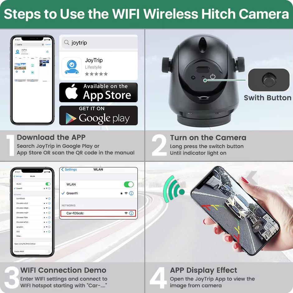 GreenYi WiFi 5G Fisheye Lens IR Night Vision Wireless Rear View Camera Magnetic Hitch for RV Truck for iPhone Android