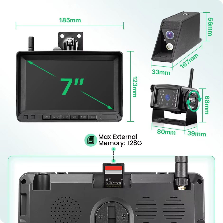 Digital Wireless 7 Inch DVR Monitor Laser Positioning Magnetic Battery 1080P Forklift Front View Camera BSD Radar Kit