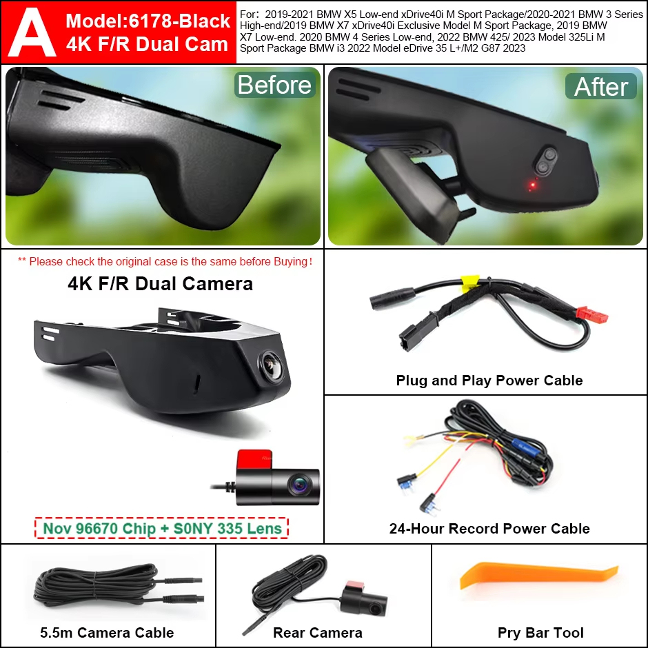 Plug and Play Hidden 4K Dash Cam Car DVR Front Rear Camera For Bmw X5 X6 X7 Bmw 3/4 Series Bmw i3 M2 2019-2023 WiFi App