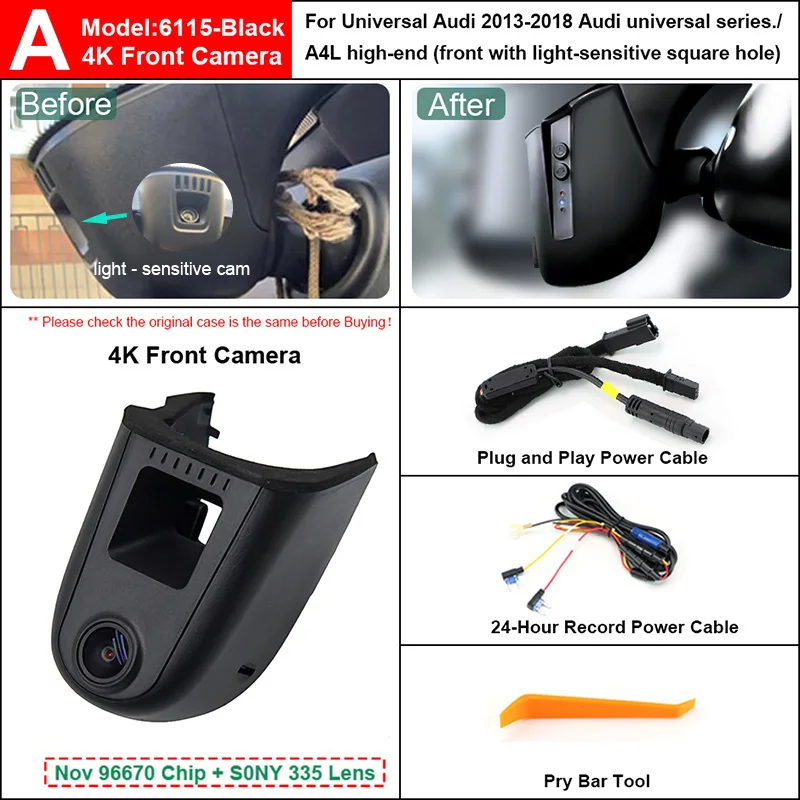 ﻿ Plug and Play Hidden 4K Dash Cam Car DVR Camera For Audi A3 A4 A5 A6 A7 A8 Q1 Q3 Q5 Q7 2010-2019 With Light Sensing Front Cam
