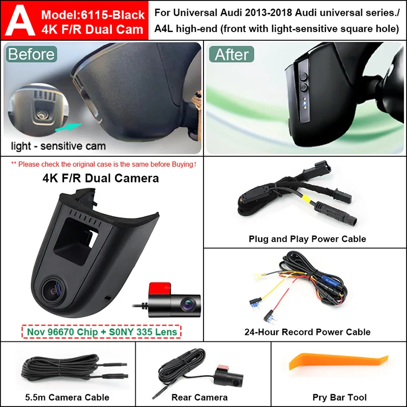 ﻿ Plug and Play Hidden 4K Dash Cam Car DVR Camera For Audi A3 A4 A5 A6 A7 A8 Q1 Q3 Q5 Q7 2010-2019 With Light Sensing Front Cam