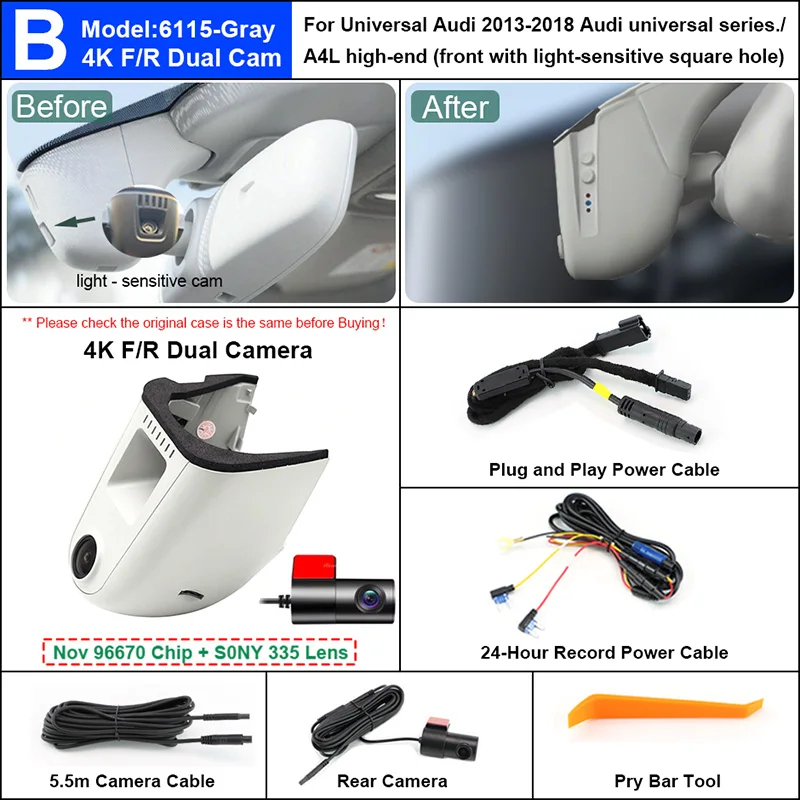 ﻿ Plug and Play Hidden 4K Dash Cam Car DVR Camera For Audi A3 A4 A5 A6 A7 A8 Q1 Q3 Q5 Q7 2010-2019 With Light Sensing Front Cam