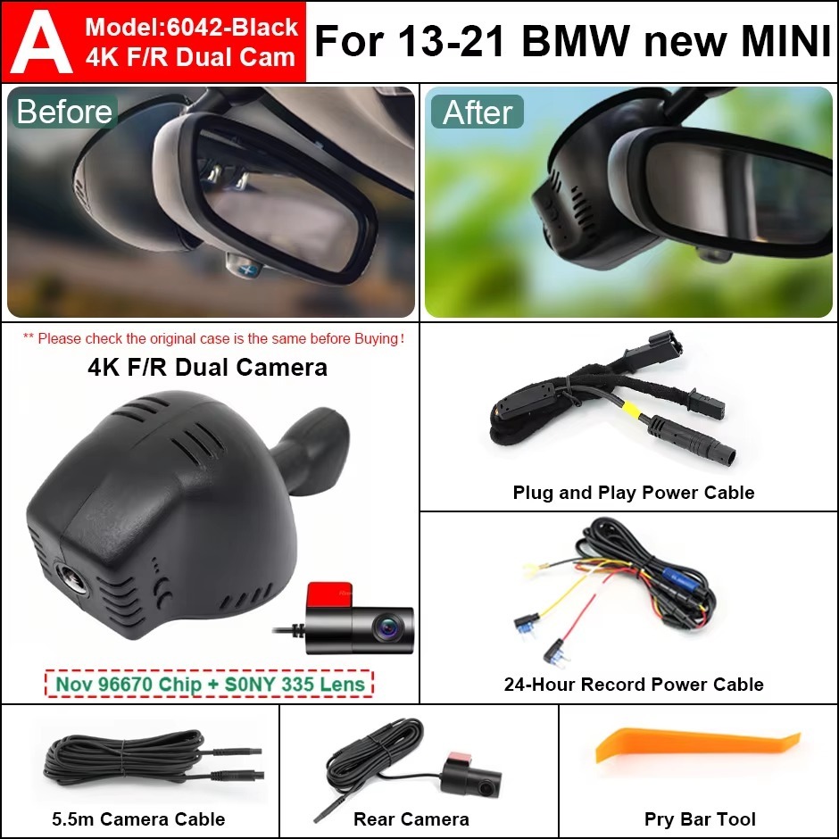Plug and Play Hidden 4K Dash Cam Car DVR Front Rear Camera For BMW Mini Countryman Cooper S F56 One 2013-2022 Video Recorder