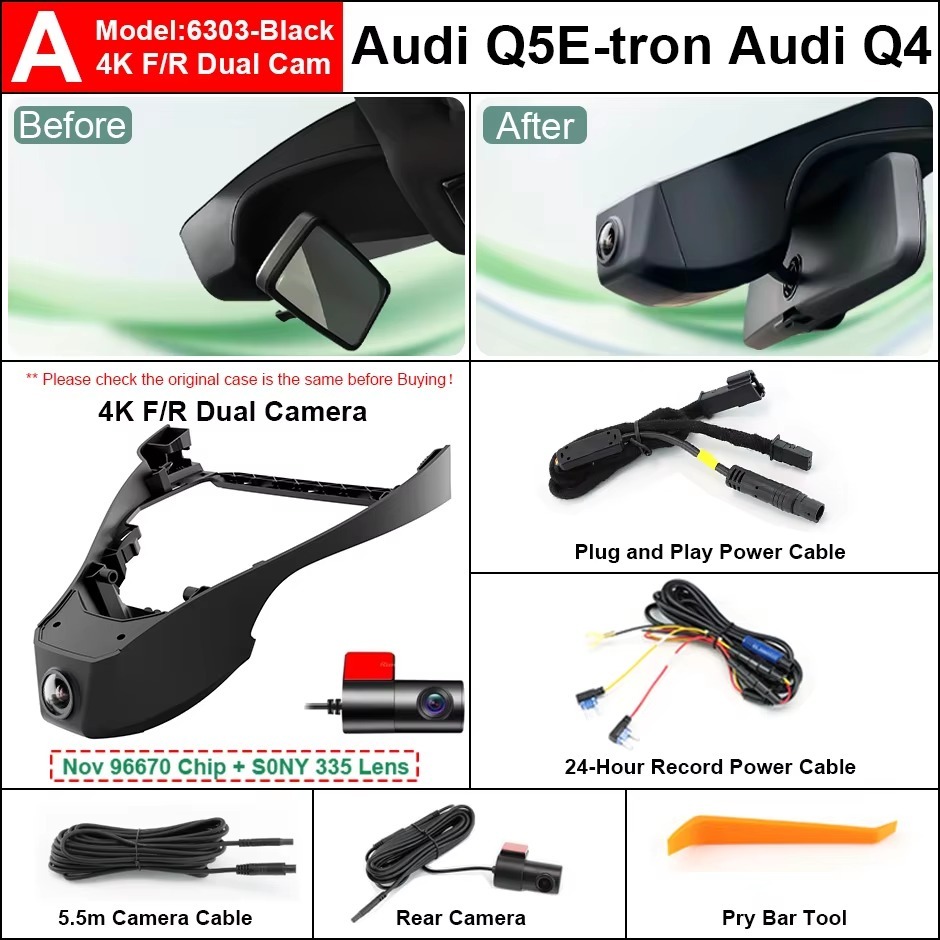 Plug and Play Hidden 4K Dash Cam Car DVR Front Rear Camera For Audi Q4 Q5 E-tron E tron 2021-2025 Support WiFi Phone App