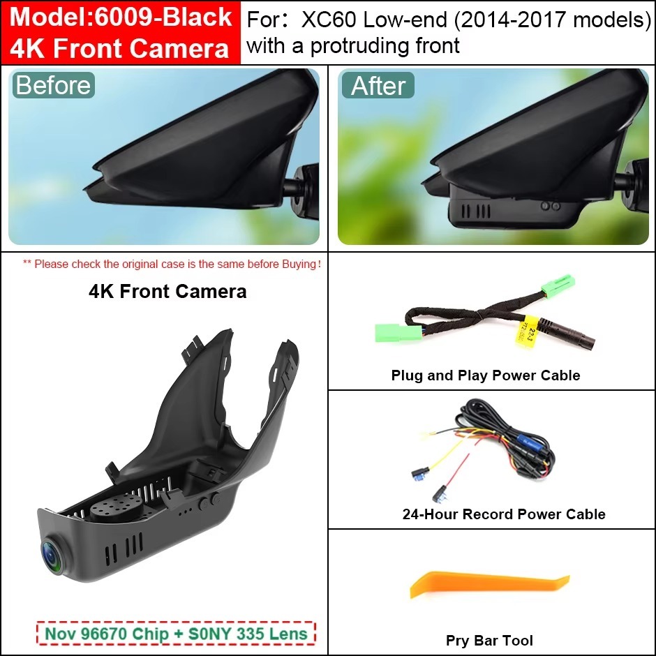 ﻿Plug and Play Hidden 4K WiFi Dash Cam Car DVR Front Rear Camera For Volvo XC60 Low-end 2014-2017 With a Protruding Front