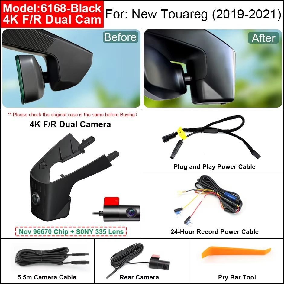 Plug and Play Hidden 4K WiFi Dash Cam Car DVR Front Rear Camera For Volkswagen VW Touareg 2019-2021