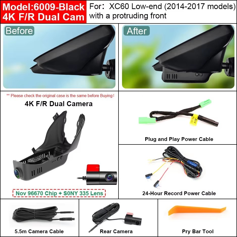 ﻿Plug and Play Hidden 4K WiFi Dash Cam Car DVR Front Rear Camera For Volvo XC60 Low-end 2014-2017 With a Protruding Front