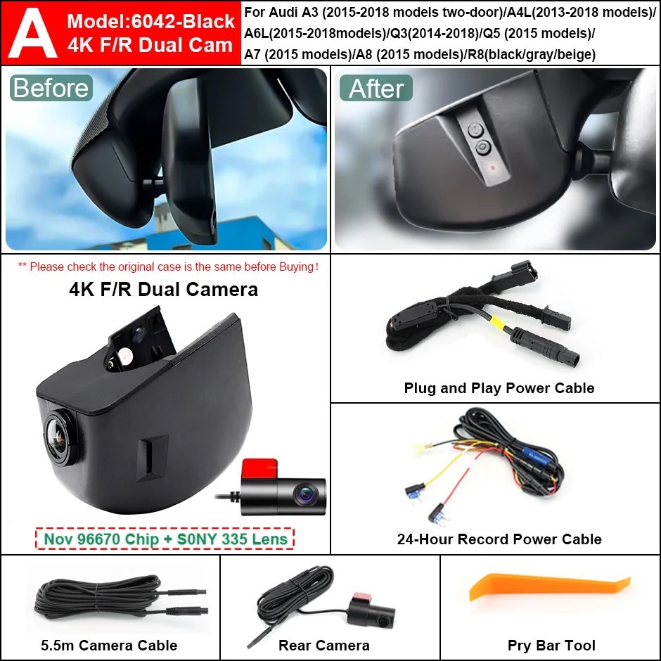 Plug and Play Hidden 4K Dash Cam Car DVR Front/Rear Camera For A1 A3 A4 A5 A6 A7 A8 Q1 Q3 Q5 Q7 TT 2004-2012