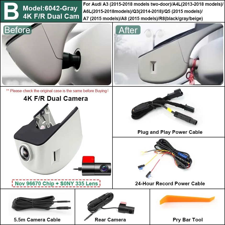 Plug and Play Hidden 4K Dash Cam Car DVR Front/Rear Camera For A1 A3 A4 A5 A6 A7 A8 Q1 Q3 Q5 Q7 TT 2004-2012