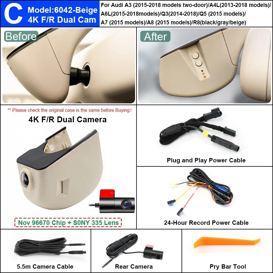 Plug and Play Hidden 4K Dash Cam Car DVR Front/Rear Camera For A1 A3 A4 A5 A6 A7 A8 Q1 Q3 Q5 Q7 TT 2004-2012