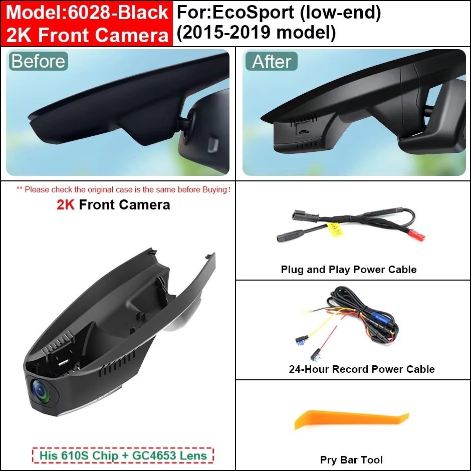 GreenYi Plug and Play Hidden 2K 4K WiFi Dash Cam for Ford EcoSport 2015-2019 Front Rear DVR Camera
