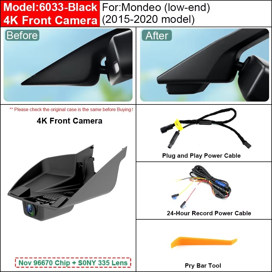 GreenYi Plug and Play Hidden 2K 4K WiFi Dash Cam for Ford Mondeo Low-end 2015-2020 Front Rear DVR Camera
