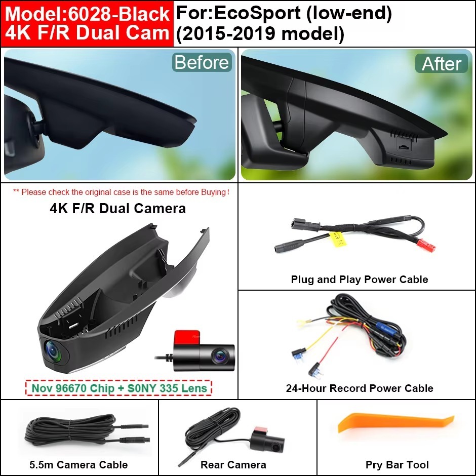 GreenYi Plug and Play Hidden 2K 4K WiFi Dash Cam for Ford EcoSport 2015-2019 Front Rear DVR Camera