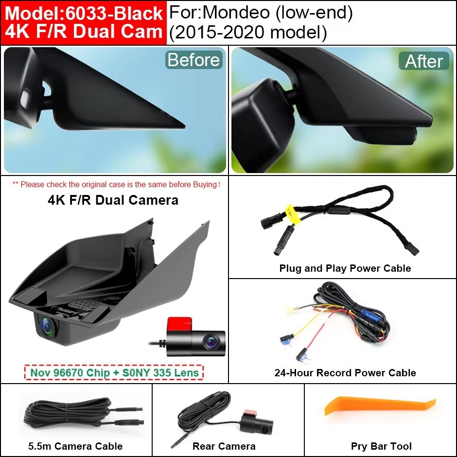 GreenYi Plug and Play Hidden 2K 4K WiFi Dash Cam for Ford Mondeo Low-end 2015-2020 Front Rear DVR Camera