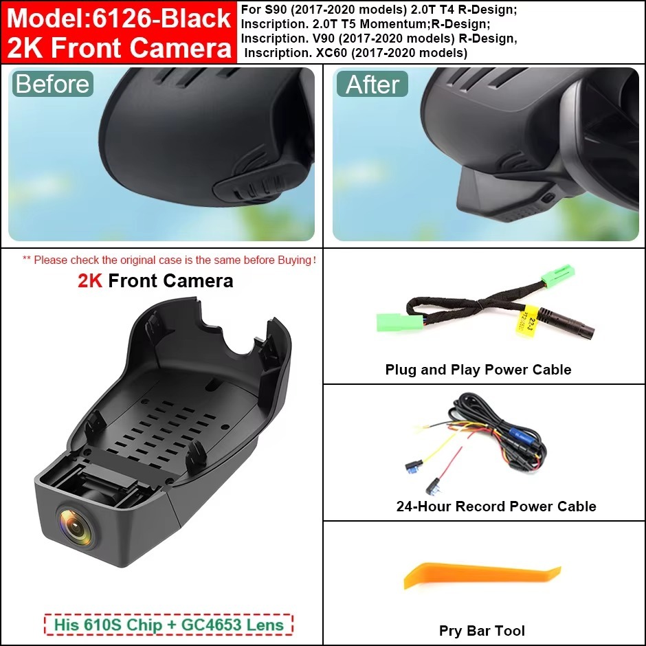 Plug and Play Hidden 4K WiFi Dash Cam Car DVR Front Rear Camera For Volvo S90 V90 XC60 2017-2020