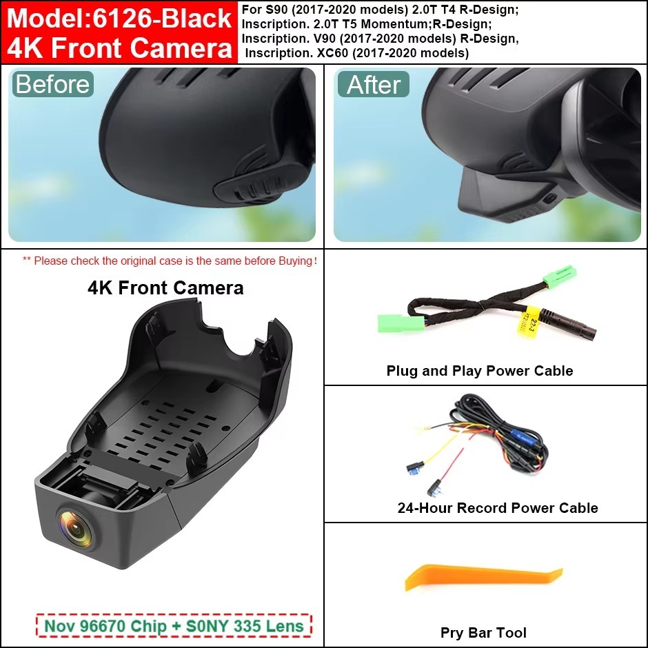 Plug and Play Hidden 4K WiFi Dash Cam Car DVR Front Rear Camera For Volvo S90 V90 XC60 2017-2020