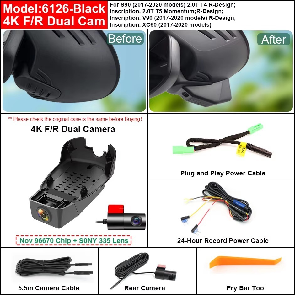 Plug and Play Hidden 4K WiFi Dash Cam Car DVR Front Rear Camera For Volvo S90 V90 XC60 2017-2020
