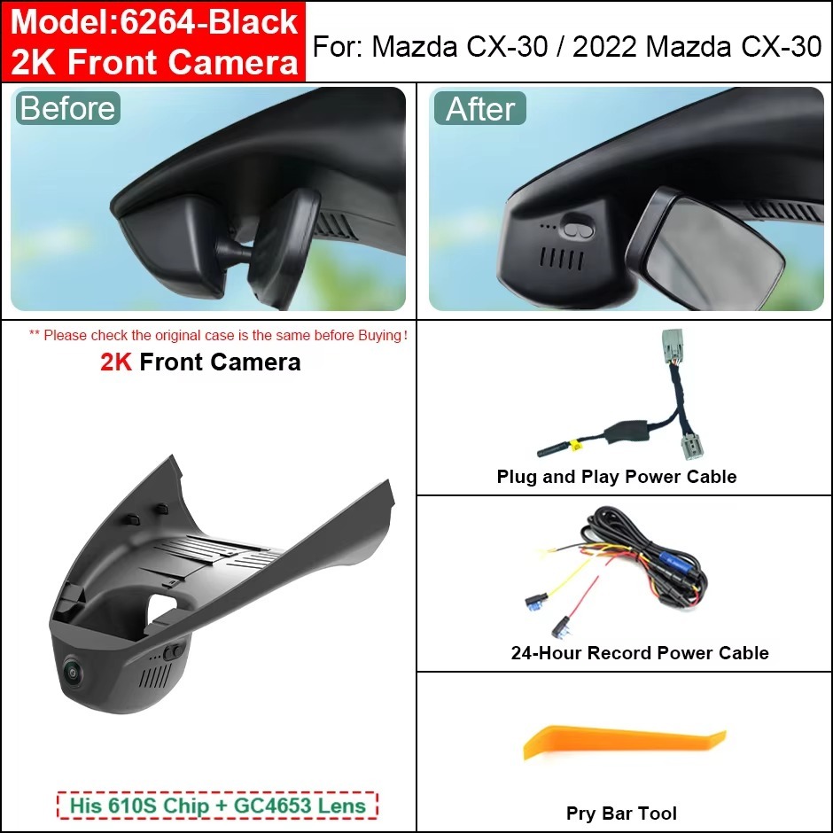 Plug and Play Hidden 4K WiFi APP Dash Cam Car DVR Front Rear Cam For Mazda CX-30 CX30 DM Mazda3 Axela 2020-2023 Easy Install