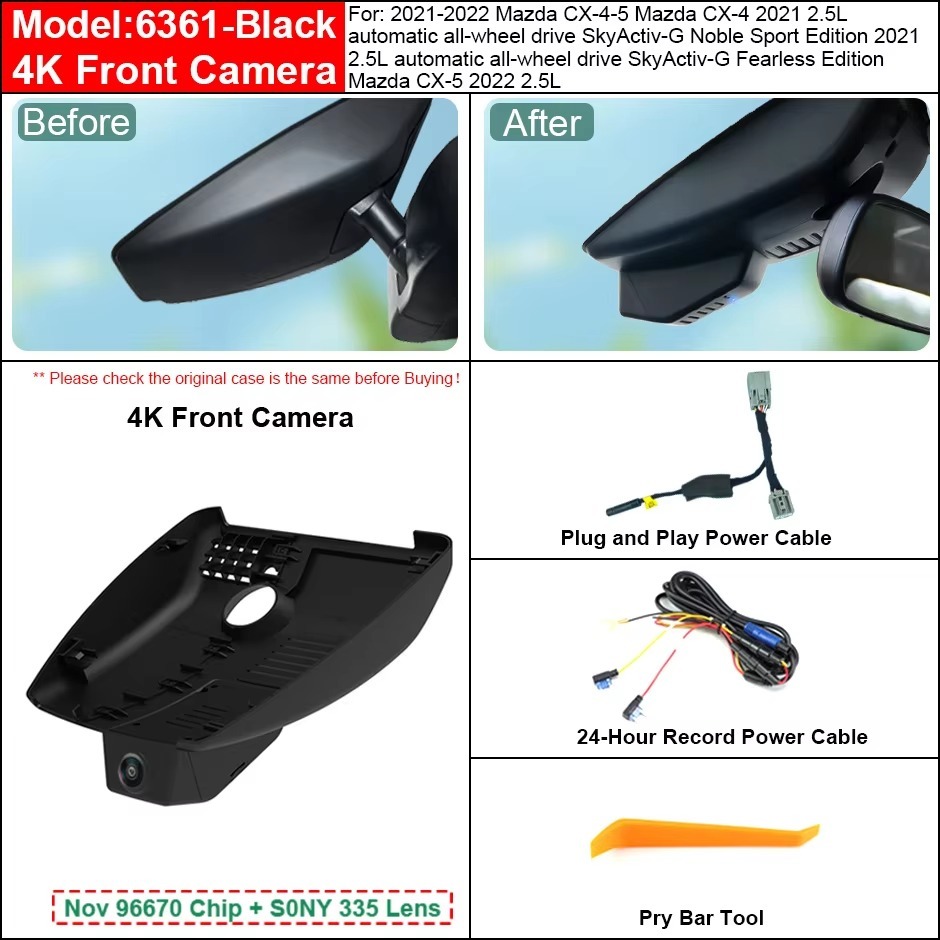 Plug and Play Hidden 4K WiFi APP Dash Cam Car DVR Front Rear Cam For Mazda CX3 CX4 CX5 CX-4 CX-5 KF 2017-2023 Easy to Install