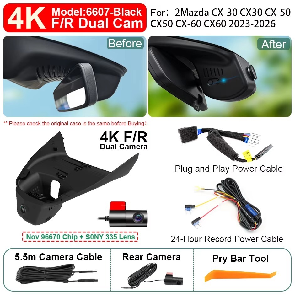 Plug and Play Hidden 4K WiFi Dash Cam Car DVR Front Rear Camera for Mazda CX-30 CX-50 CX-60 2023-2026