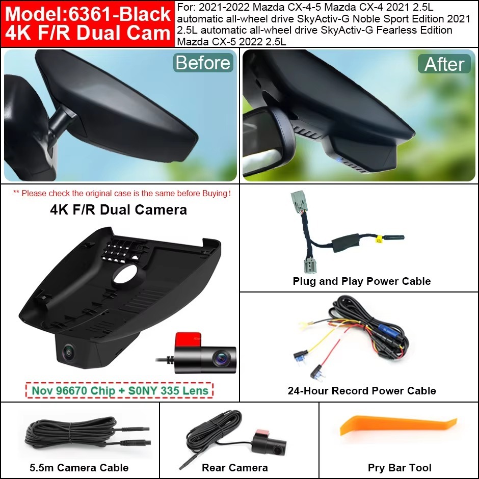 Plug and Play Hidden 4K WiFi APP Dash Cam Car DVR Front Rear Cam For Mazda CX3 CX4 CX5 CX-4 CX-5 KF 2017-2023 Easy to Install