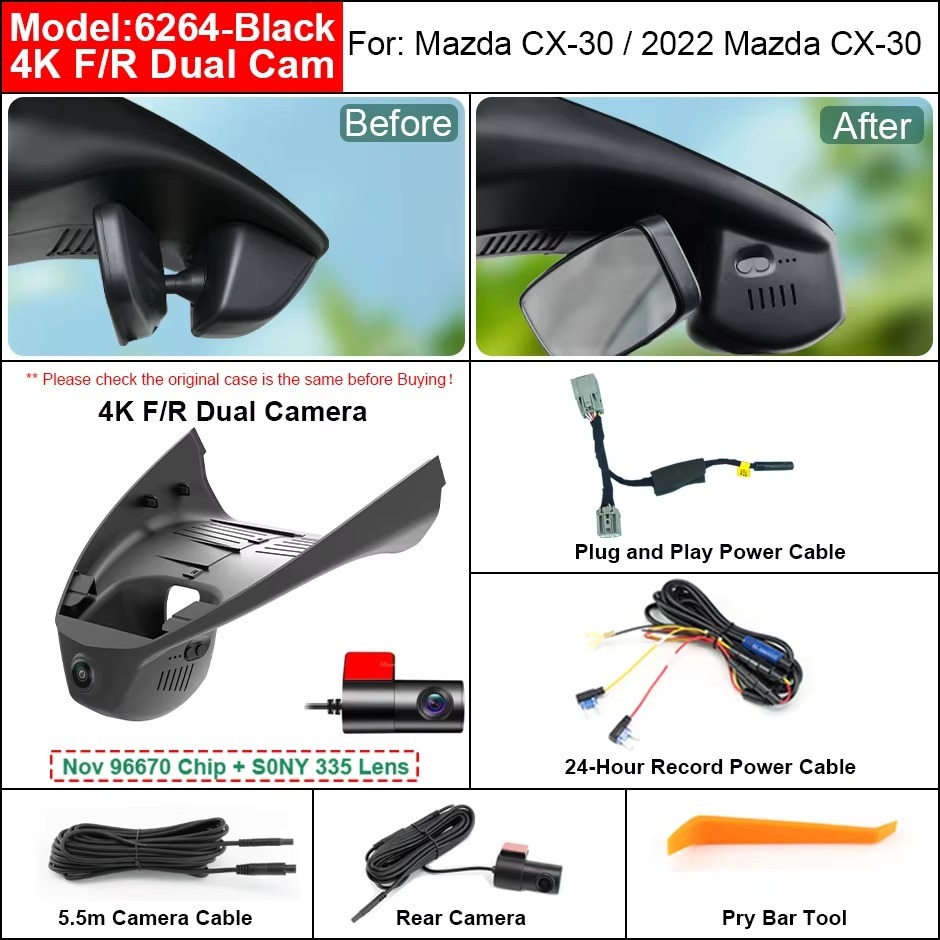 Plug and Play Hidden 4K WiFi APP Dash Cam Car DVR Front Rear Cam For Mazda CX-30 CX30 DM Mazda3 Axela 2020-2023 Easy Install