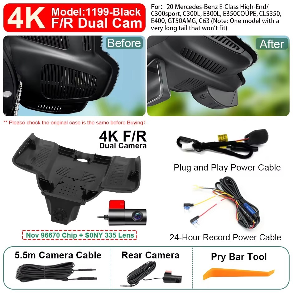 Plug and Play Hidden 4K WiFi Dash Cam Car DVR Front Rear Camera For Mercedes Benz MB E Class W213 S213 CLS C257 AMG GT C190