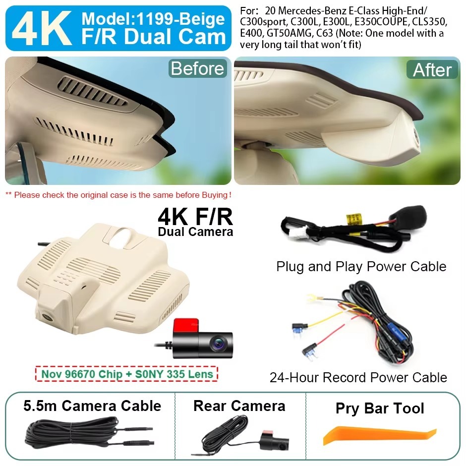 Plug and Play Hidden 4K WiFi Dash Cam Car DVR Front Rear Camera For Mercedes Benz MB E Class W213 S213 CLS C257 AMG GT C190
