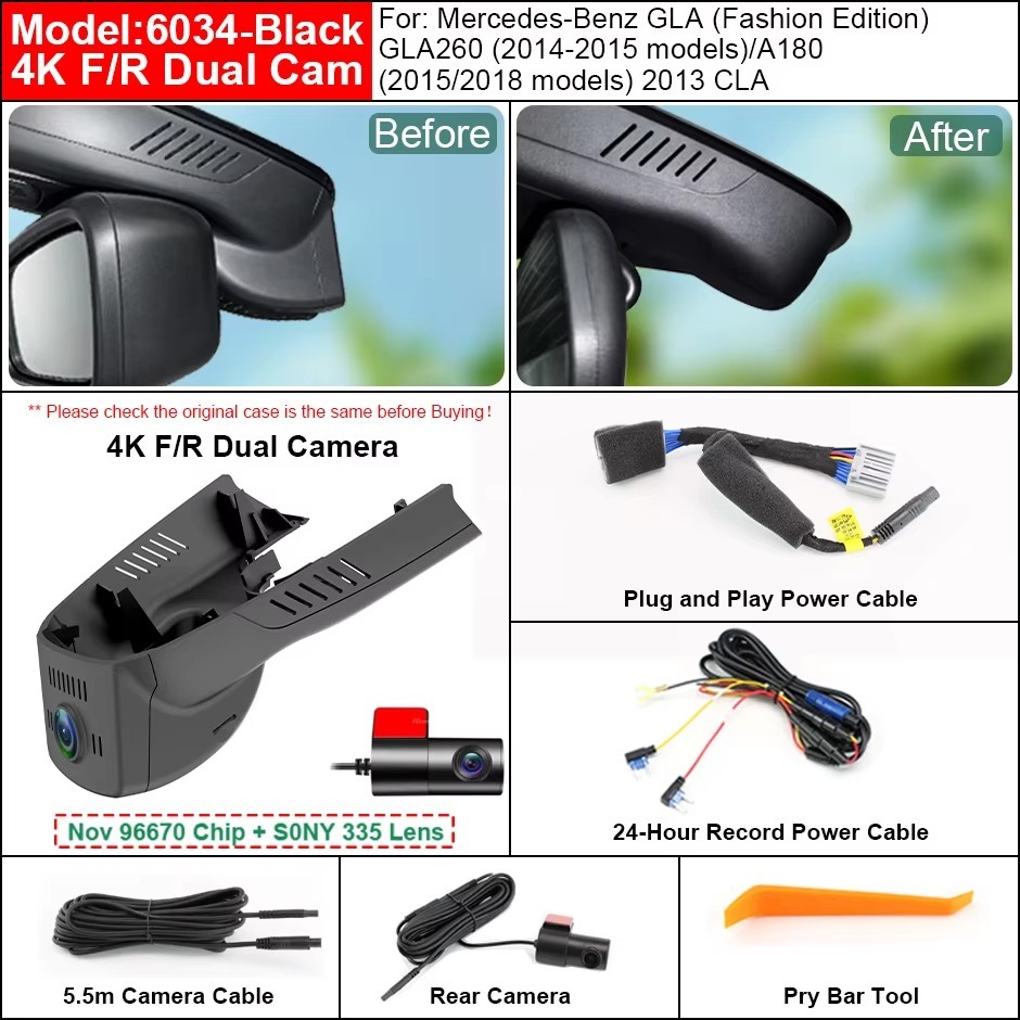 Plug and Play Hidden 4K Dash Cam Car DVR Front Rear View Camera For Mercedes Benz A Class W176 W177 CLA GLA C117 X156 Wifi APP