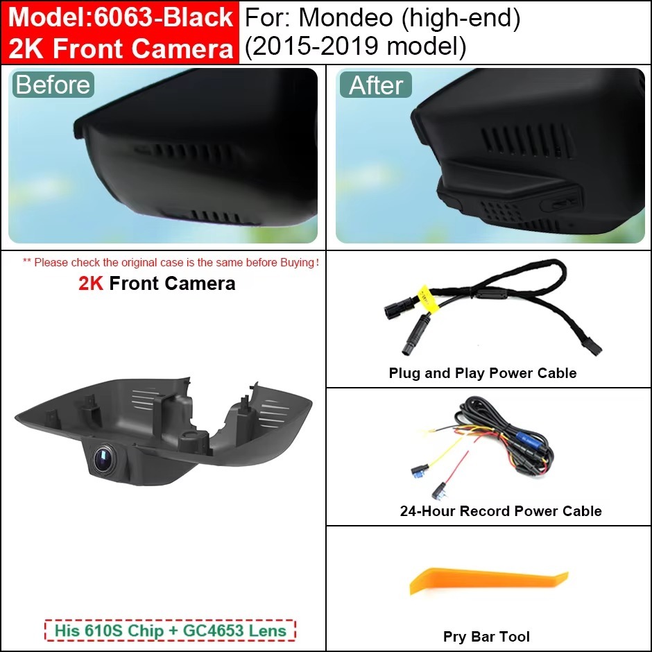 Plug and Play Hidden 4K WiFi APP Dash Cam Car DVR Front Rear Camera For Ford Mondeo High-end 2015-2020 Easy to Install