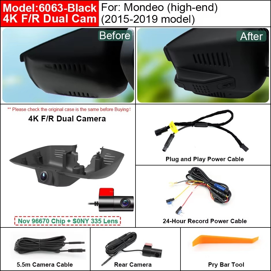 Plug and Play Hidden 4K WiFi APP Dash Cam Car DVR Front Rear Camera For Ford Mondeo High-end 2015-2020 Easy to Install