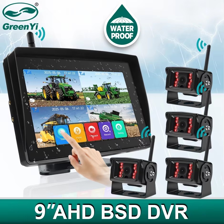 9 Inch Wireless BSD Waterproof AHD 4 CH DVR Recorder Monitor With IR Camera For Truck Forklift Excavator Agricultural Vehicle