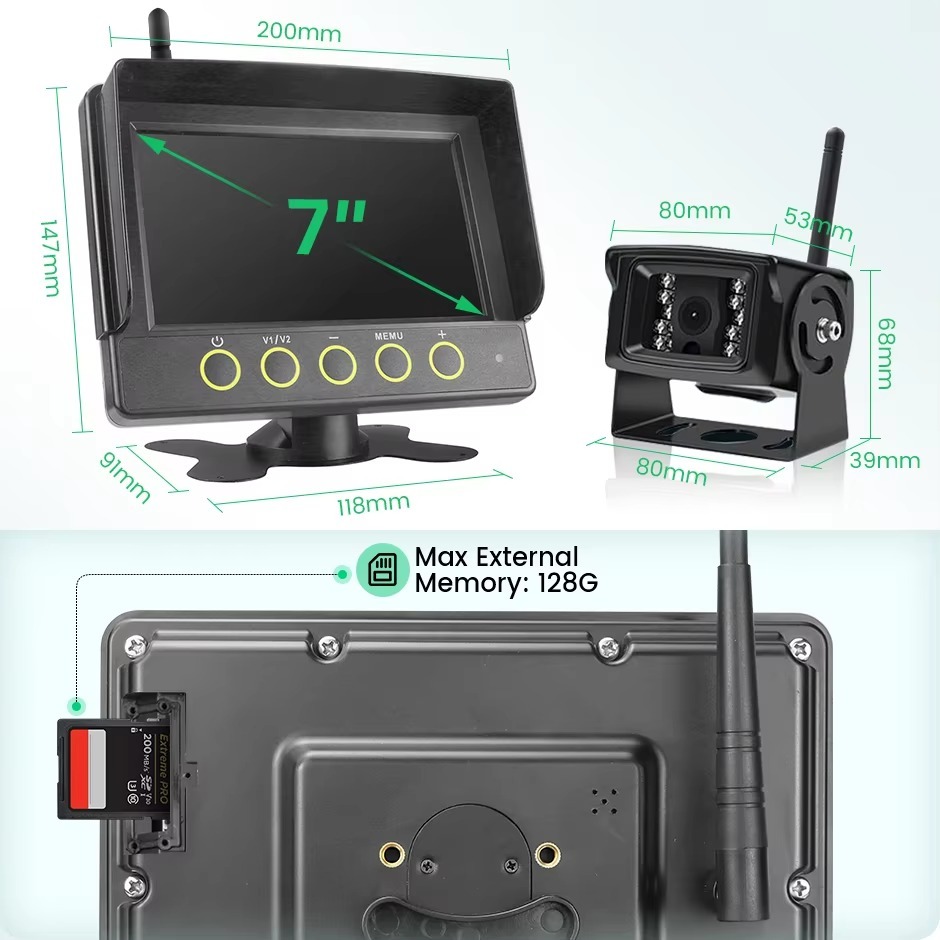 7 Inch Wireless IPS AHD DVR Recorder Waterproof Dustproof Monitor 4CH Camera For Truck Forklift Excavator Agricultural Vehicle