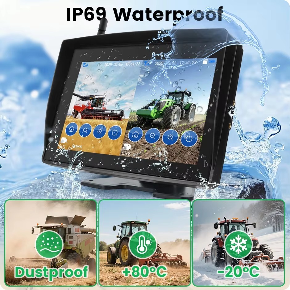 9 Inch Wireless BSD Waterproof AHD 4 CH DVR Recorder Monitor With IR Camera For Truck Forklift Excavator Agricultural Vehicle