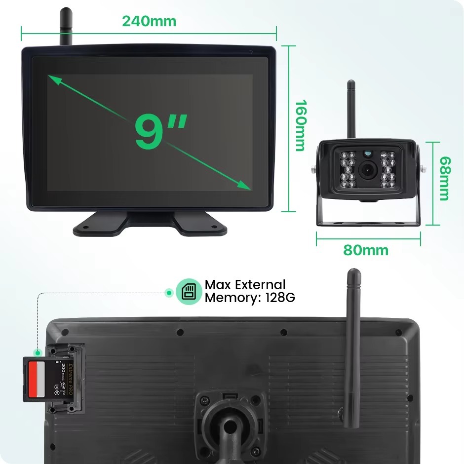 9 Inch Wireless BSD Waterproof AHD 4 CH DVR Recorder Monitor With IR Camera For Truck Forklift Excavator Agricultural Vehicle