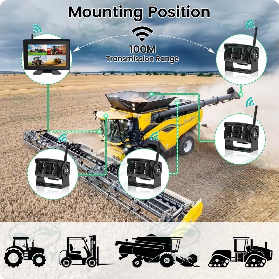 9 Inch Wireless BSD Waterproof AHD 4 CH DVR Recorder Monitor With IR Camera For Truck Forklift Excavator Agricultural Vehicle
