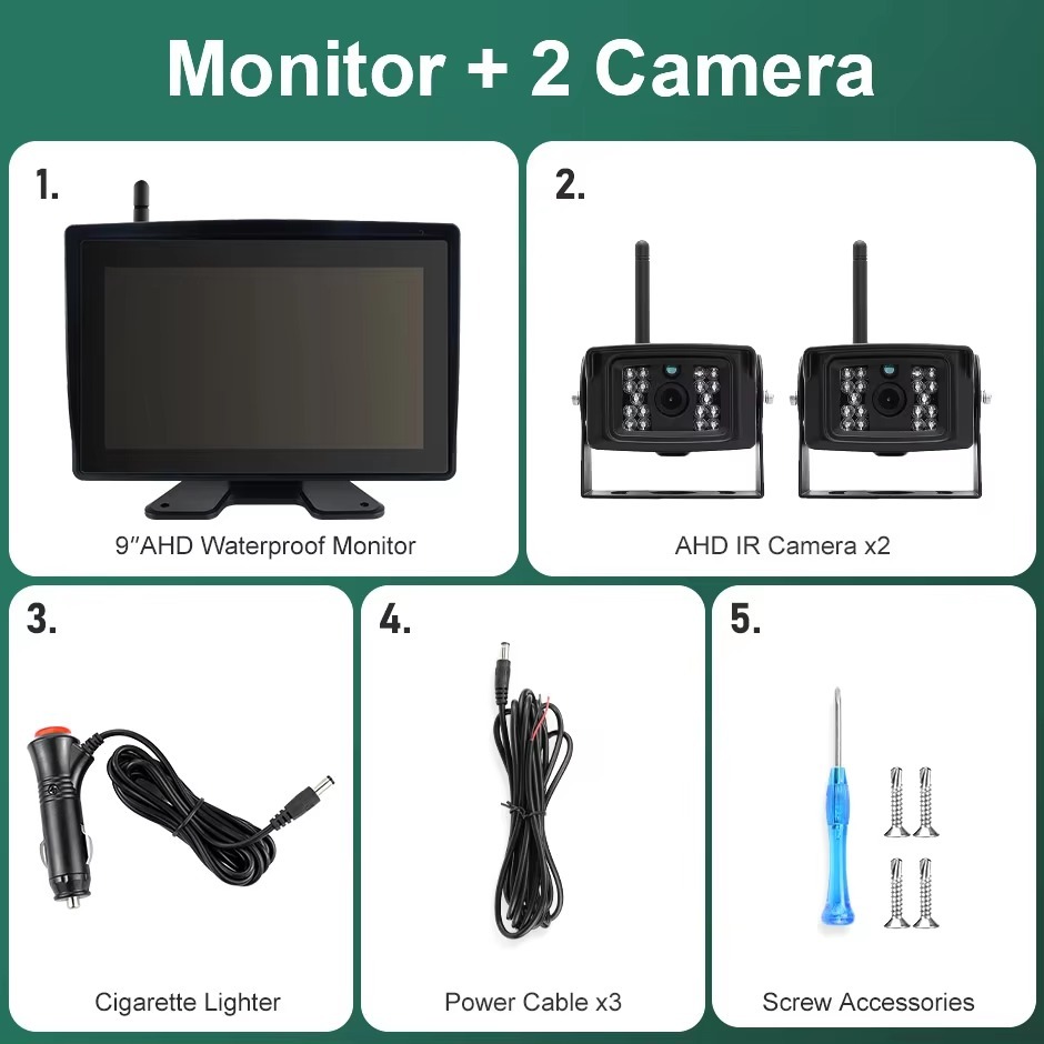 9 Inch Wireless BSD Waterproof AHD 4 CH DVR Recorder Monitor With IR Camera For Truck Forklift Excavator Agricultural Vehicle