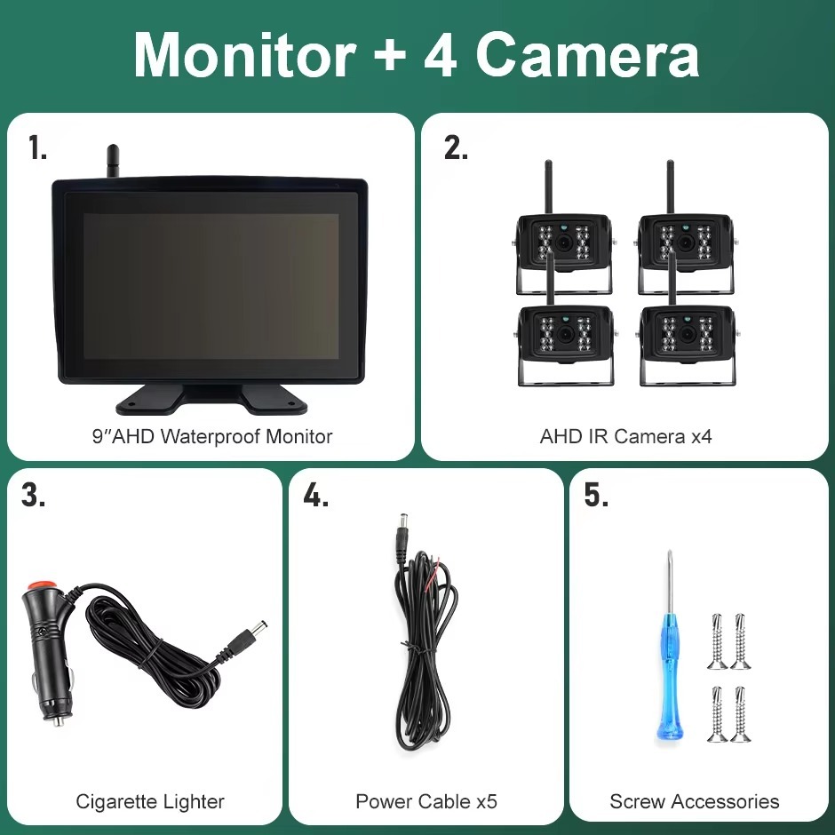 9 Inch Wireless BSD Waterproof AHD 4 CH DVR Recorder Monitor With IR Camera For Truck Forklift Excavator Agricultural Vehicle