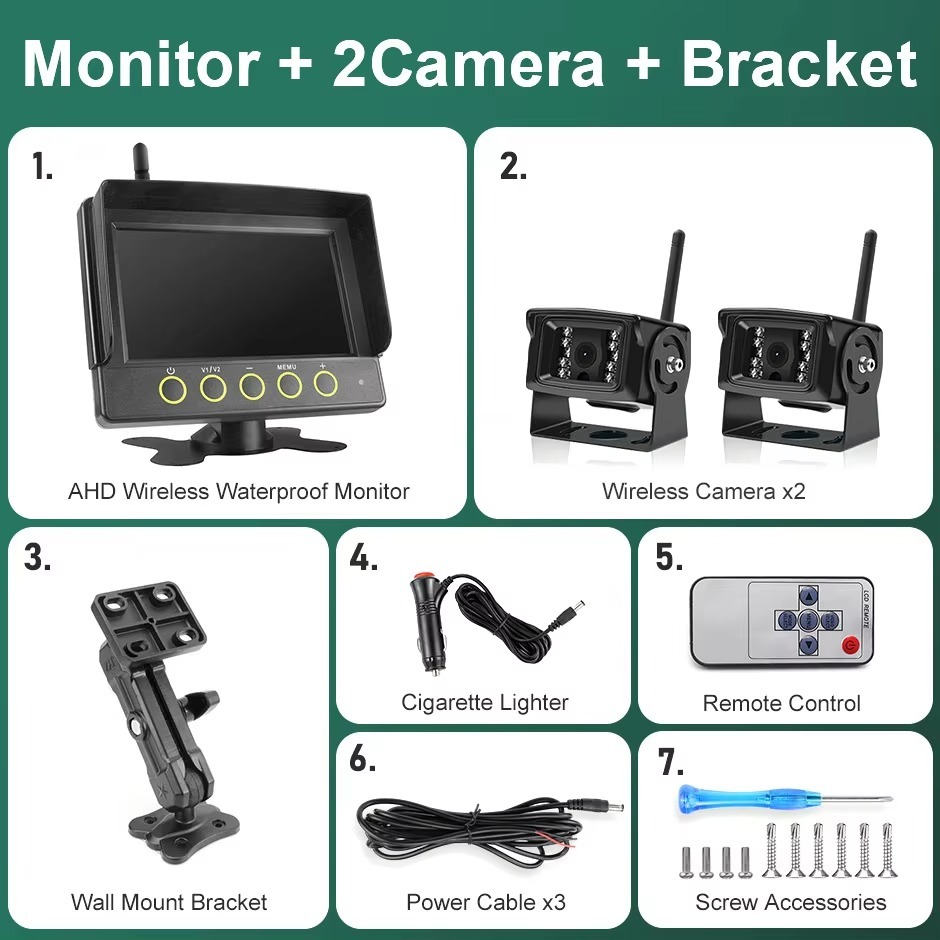 7 Inch Wireless IPS AHD DVR Recorder Waterproof Dustproof Monitor 4CH Camera For Truck Forklift Excavator Agricultural Vehicle