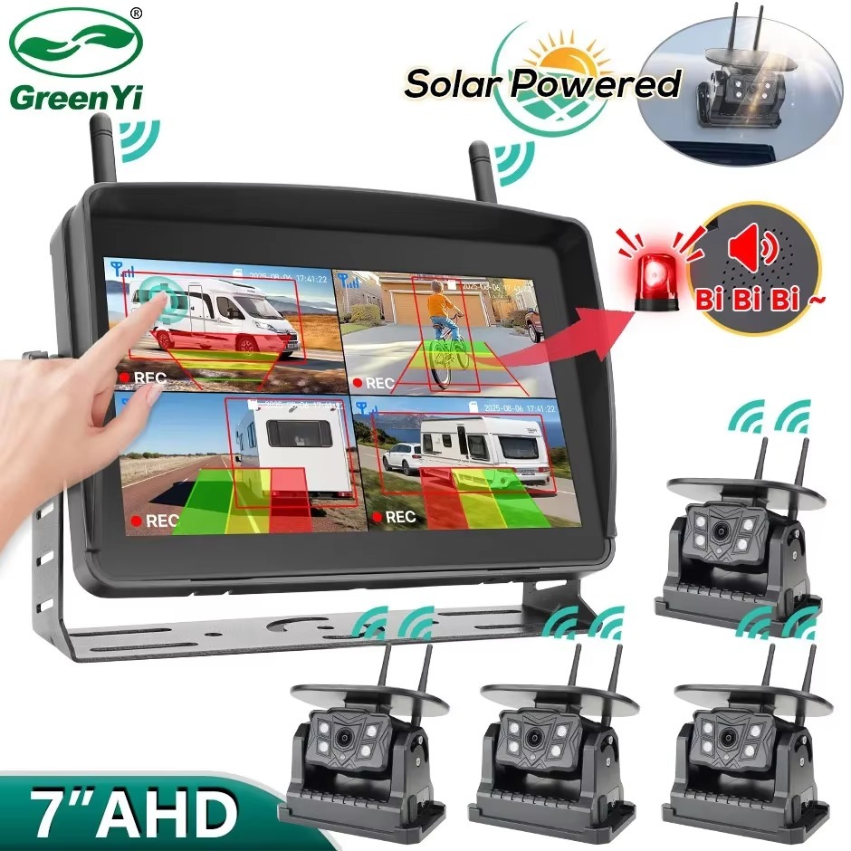 Solar Energy 7'' DVR Recording Monitor Wireless Touch Screen Reverse Backup Camera Dual Antenna For