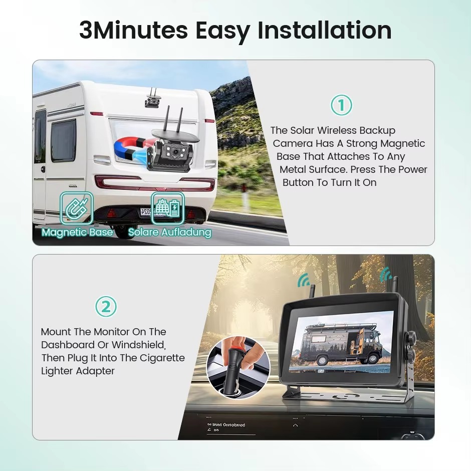 Solar Energy 7'' DVR Recording Monitor Wireless Touch Screen Reverse Backup Camera Dual Antenna For