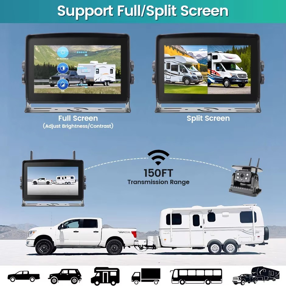 Solar Energy 7'' DVR Recording Monitor Wireless Touch Screen Reverse Backup Camera Dual Antenna For