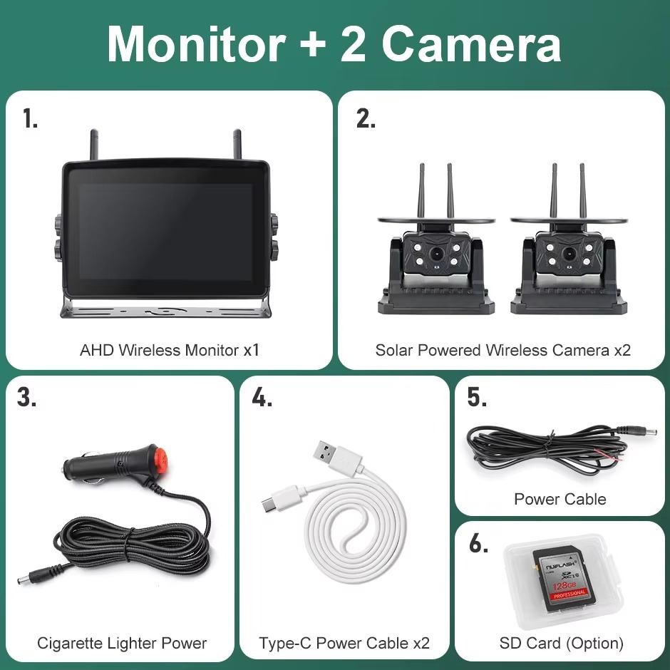 Solar Energy 7'' DVR Recording Monitor Wireless Touch Screen Reverse Backup Camera Dual Antenna For