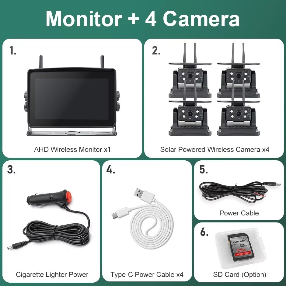 Solar Energy 7'' DVR Recording Monitor Wireless Touch Screen Reverse Backup Camera Dual Antenna For